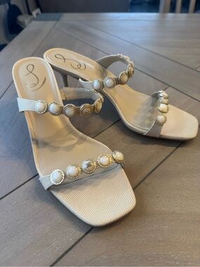 Sam Edelman Palma Slip-On Heels with Pearl and Gold Embellishments